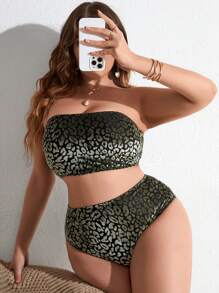 SHEIN Swim Curve 大尺碼女款印花簡約日常無肩帶比基尼套裝 - 彩色 - 查看 1