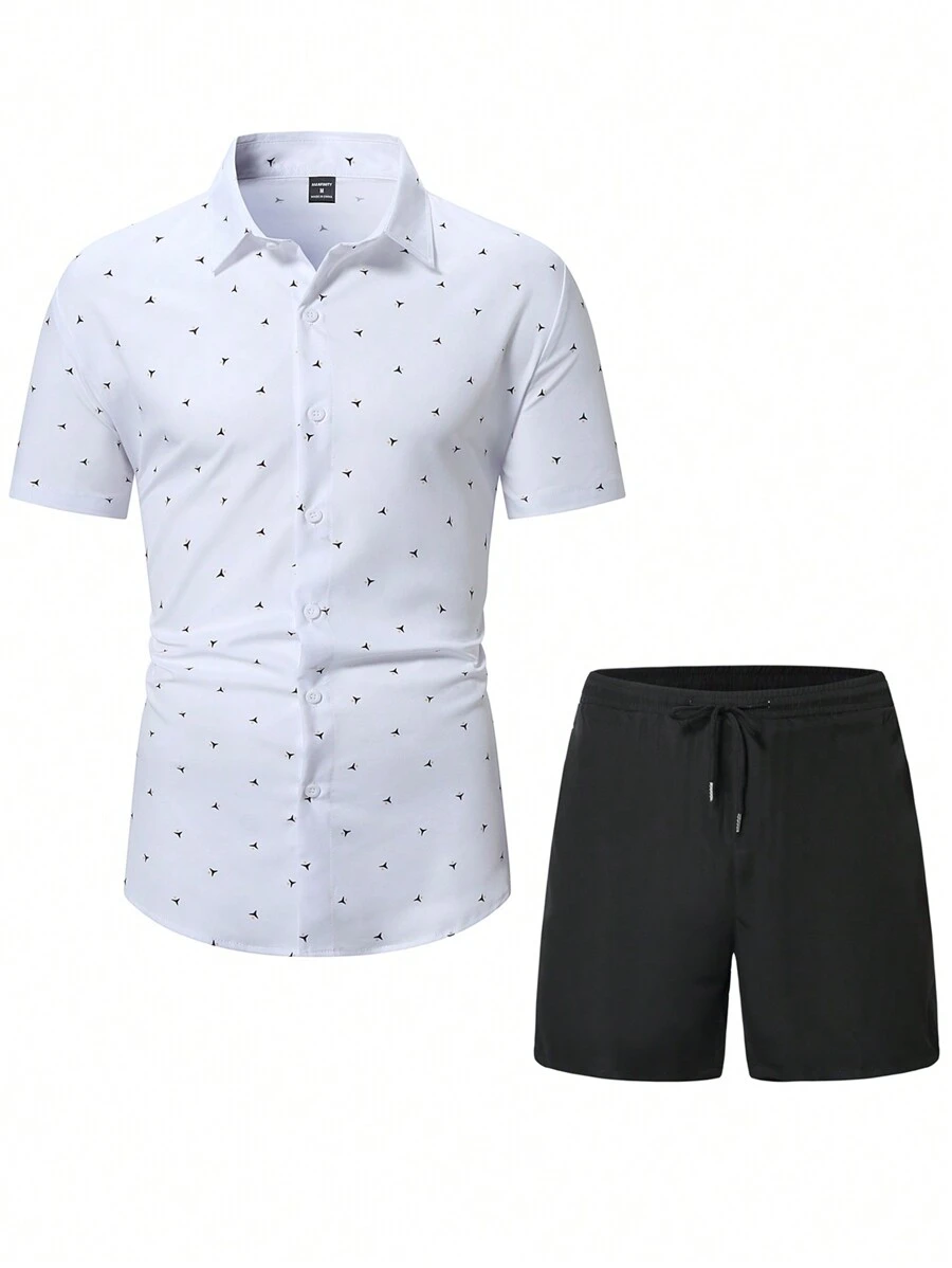 Manfinity Homme Conjunto de 2 piezas para verano formado por camisa de manga corta con botones y estampado numérico asimétrico, y shorts, talla grande - Blanco - Ver 1