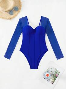 SHEIN Swim 女士纯色单肩长袖沙滩装连体泳衣，非常适合夏季度假 - 藍色 - 查看 3