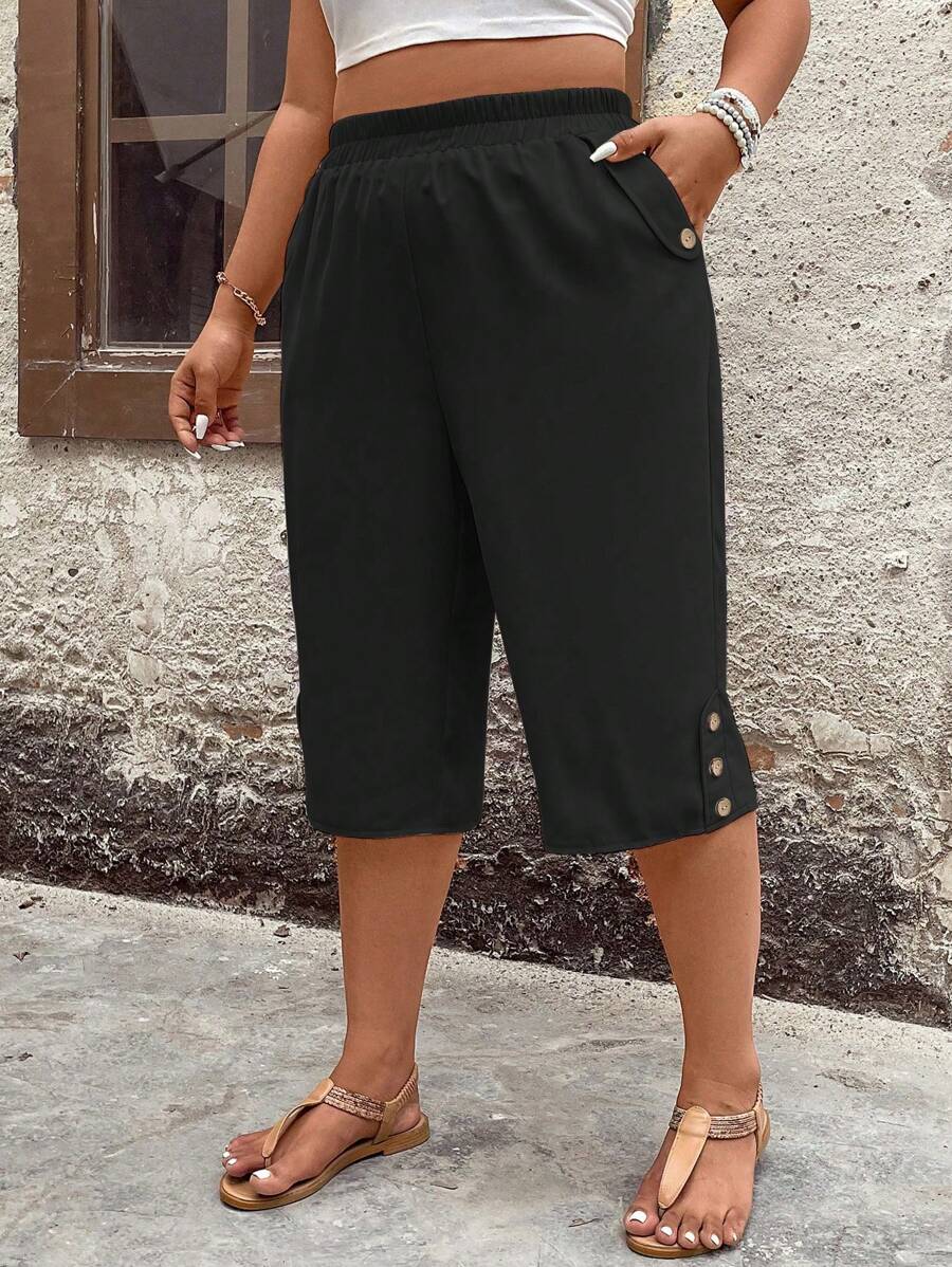 Breezaya Pantalones capri de verano con cintura elástica para mujeres de talla grande - Negro - Ver 1