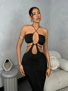 SHEIN BAE Women's Summer Solid Color Hollow Out Bodycon Halter Graduation Party Dress