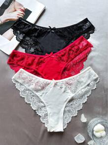 3pcs Ladies' Solid Color Lace Low-Waist Underwear With Bowknot Decoration Lingerie Bow Tie
