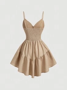 SHEIN MOD Váy yếm không tay thêu hoa mùa hè cho nữ có viền nhún bèo - Màu Khaki - Xem 2