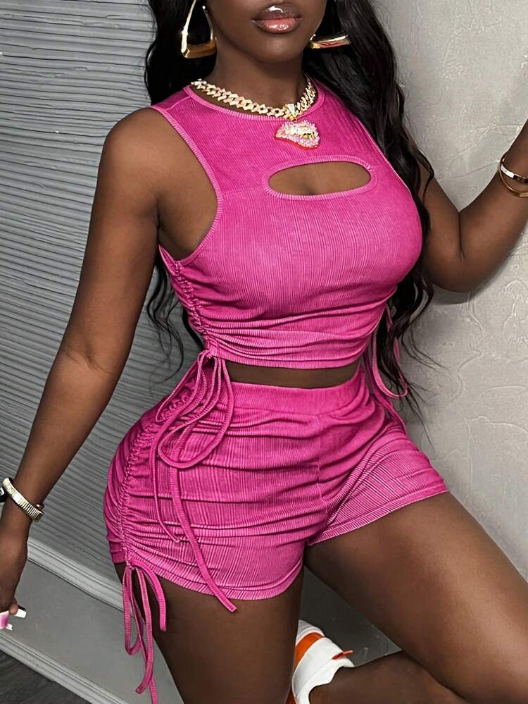 Summer Casual Simple Basic Style Round Neck Sleeveless Front Chest Hollow Drawstring On Both Sides Truncated Vest High Waist Drawstring On Both Sides Super Mini Ribbed Imitation Snow-Washed Rose Red Print Women's Two-Piece Set-D