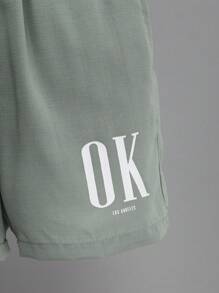 SHEIN Young Boy Alphabet Print Casual Turn-Down Collar Short Sleeve Shirt And Shorts 2pcs/Set - Green - View 8