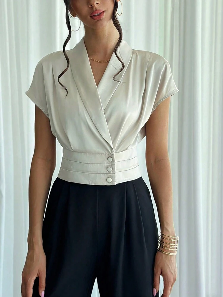 Women's Dress Shirt With Suit Collar, Waist Belt And Buttons For Work