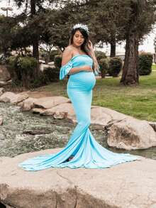 Maternity V-Neck Solid Dress With Off-Shoulder Ruffle Sleeves For Baby Shower, For Photoshoot - Baby Blue - View 6