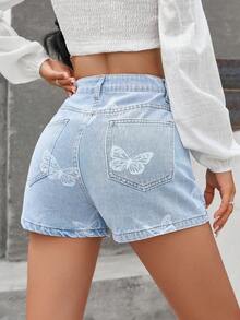 White Butterfly Pattern Print Denim Shorts - Light Wash - View 2