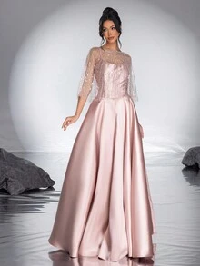 Elegant And Classy Ladies' New High-End Sequin Mesh Shawl With Spaghetti Strap A-Line Evening Dress - Rose Gold - View 5
