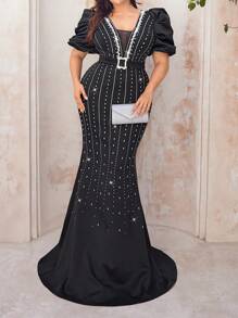SHEIN Belle Plus Size Black Luxury Heavy Crystal Embellished Gorgeous Positioning Hot Rhinestone Pattern Court Style Stereo Pleated Puffy Sleeves Deep V Neck Elegant Mermaid Evening Gowns