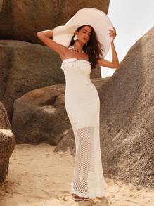 Anewsta 3D Floral Cutout Soft Strapless Split Sweater Dress - White - View 5