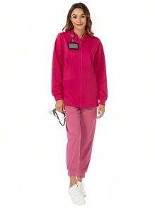 TaskEZ Women's Pink 2 Pocket Front Zipper Comfort Soft Stretch Knit Hooded Scrub Uniform Jacket Nurse Scrub Uniform Jacket