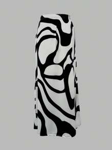 Chiquease 優雅高腰隨機印花A字型長裙，休閒款式 - 黑與白 - 查看 2