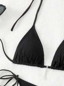 女士纯色露背性感比基尼套装带分体比基尼套装夏季海滩 - 黑色 - 查看 6