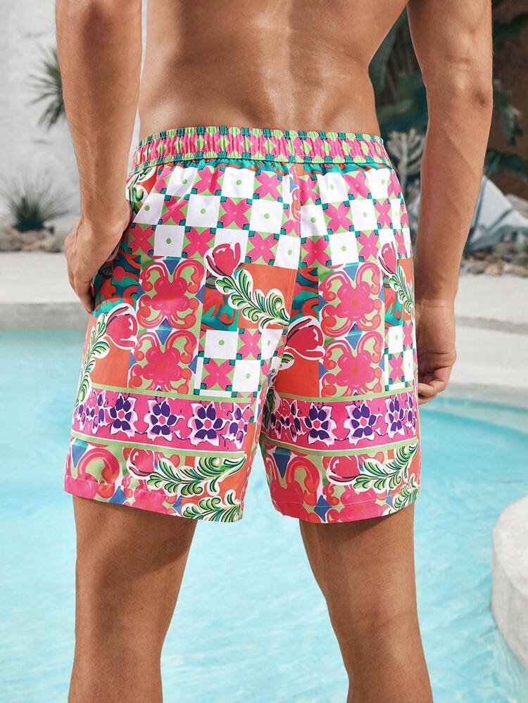 Men's Floral Print Drawstring Waist Loose Fit Beach Shorts, Vacationwear