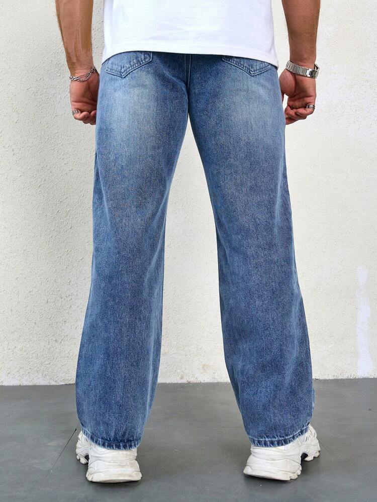 Men's Light Blue 3D Steel Seal Moto Style Wide Leg Jeans
