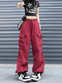 Pantalon casual à cordon de serrage avec design de poche vintage pour femmes - Rouge - Voir 8