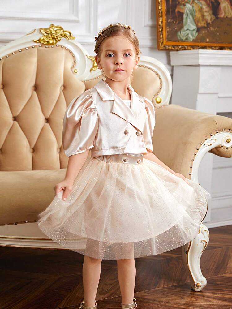 Young Girl'S Three-Piece Set Including Double-Breasted Short-Sleeved Suit Jacket, Spaghetti Strap Tank Top, Waist Head Button Decoration Double-Layer Sequin Mesh Skirt