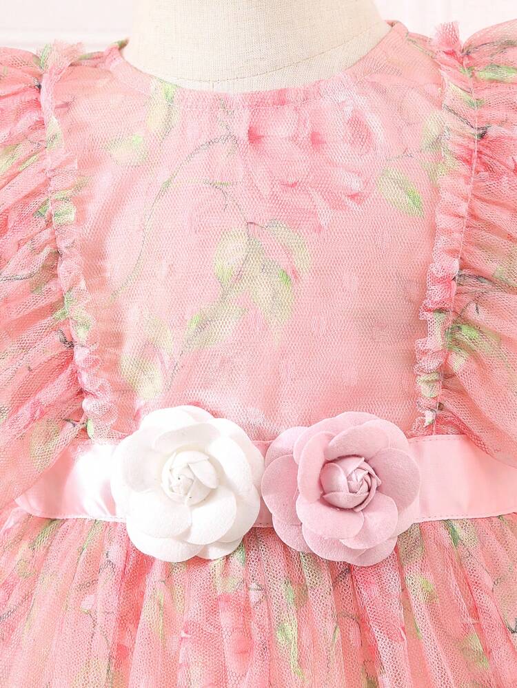 Young Girls' Rose Printed Princess Dress With Ruffle Sleeves And Mesh Dress - Baby Pink - View 4