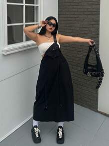 Flirla Plus Size Summer Casual Solid Color Pinafore Dress - Black - View 3