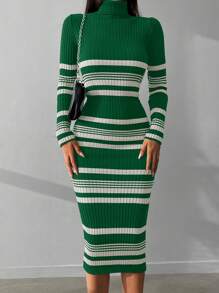 EURMUSE Striped Pattern Turtleneck Bodycon Sweater Dress - Multicolor - View 5