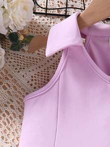 Vestido de unicolor con cuello en V y línea A de moda para niña joven - Morado - Ver 4