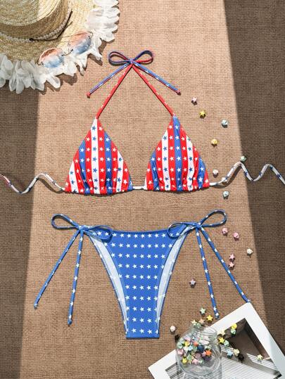 SHEIN Swim Women's USA Flag Print Halter Neck Tie Bra & Bikini Bottom Sexy Bikini Set For Summer Beach, Random Print 4th Of July Bikini Set, For Summer Beach