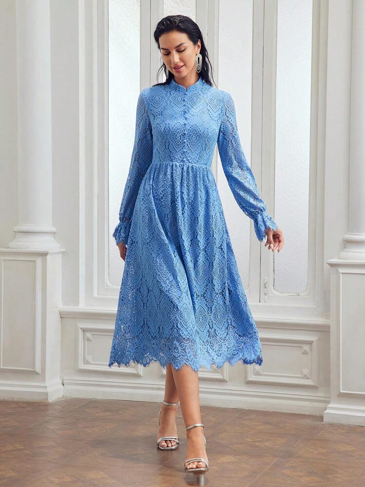 lace flare dress T222057N Beautiful Bold Lace Fit and Flare Gown with Angelic Sleeves and  Plunging V Back