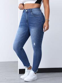 SHEIN EZwear 大尺碼夏季休閒修身磨損牛仔褲 - 藍色 - 查看 4