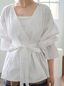 FRIFUL Women's Texture Wrapped Lace Shirt For Summer,Ruffle Long Sleeve Top - Apricot - View 7