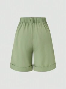 Celure Shorts larges et décontractés plissés couleur unie pour femmes grandes tailles, pour porter au quotidien - Vert - Voir 2