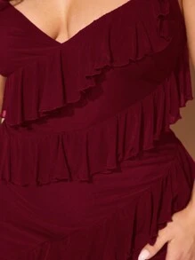 SHEIN BAE Plus Size Women's Ruffle Dress With Straps And High Slit - Burgundy - View 6