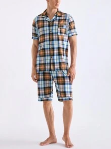 Men's Plaid Print Short Sleeve + Shorts Homewear Set - Blue - View 8