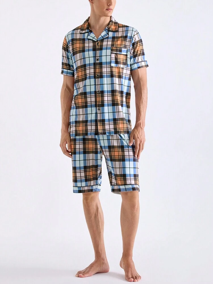 Men's Plaid Print Short Sleeve + Shorts Homewear Set