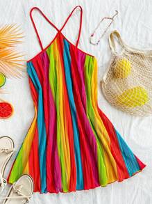 Soleia Vestido veraniego casual y suelto con línea A, plisado, minifalda y rayas de colores para mujer