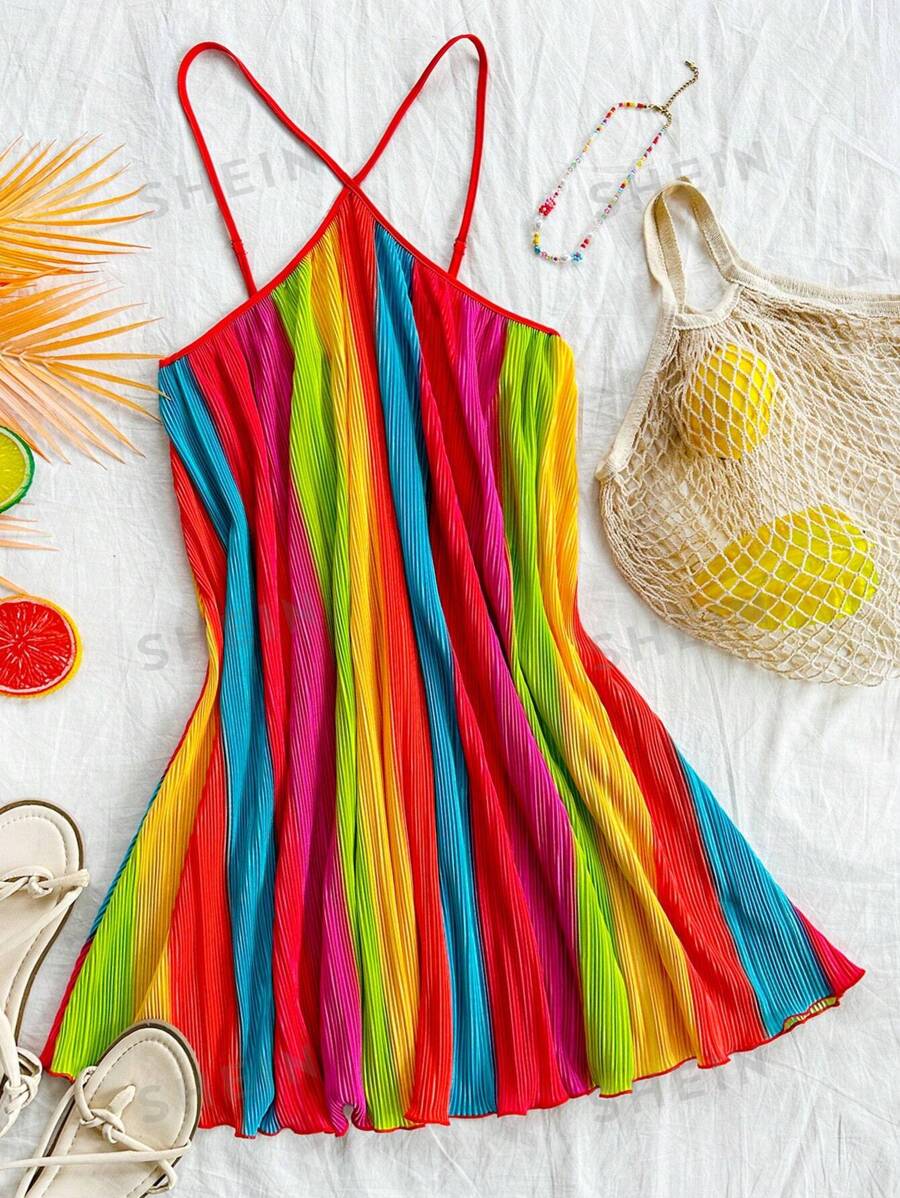 Soleia Vestido veraniego casual y suelto con línea A, plisado, minifalda y rayas de colores para mujer