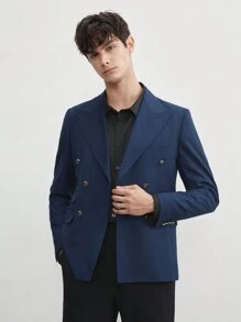 Manfinity RebelGame 易护理男士老式风格商务休闲半帆布编织西装外套，双排扣，适合春夏季和秋冬季 - 藏蓝色 - 查看 6