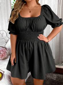 Sunnyshic Bộ áo liền quần đơn giản màu trơn dành cho nữ Plus Size có tay áo Raglan - màu đen - Xem 4