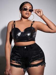 SHEIN SXY Plus Button-Front Distressed Tight Denim Shorts With Raw Hem And Ripped Detail - Black - View 3