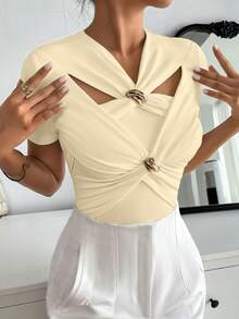 SHEIN Privé 女款夏季實色扭結前綁帶短袖修身T恤，剪裁時尚 - 杏色 - 查看 6