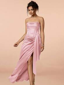 Pleated Satin Tube Dress, Women's 2026 Spring/Summer Strapless Satin Cinched Waist Dress With Pleated Ruffle Hem And High Slit, Romantic Lakeside Evening Party Cocktail Elegant Dress For Music Festival, Wedding Season, Back To School - Pink - View 4