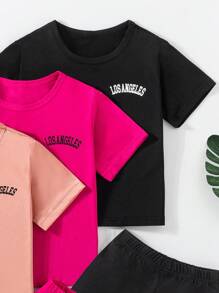 SHEIN Young Girl Solid Color Short Sleeve T-Shirt And Shorts 3-Color Casual Set, Summer - Multicolor - View 5