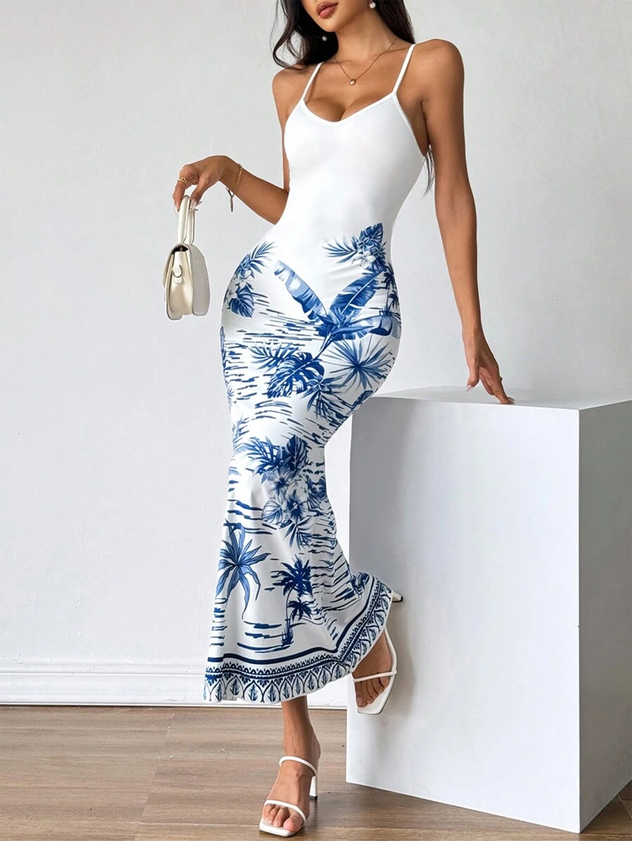 Firerie Women's Blue And White Tropical Print Strappy Summer Long  Dress,Sexy Dress,Summer Long Dresses,Suitable For Daily, Commuting, Holiday, Party, Dating - Blue and White - View 1
