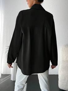 EURMUSE Women's Long Sleeve Shirt With Single Row Button And Rhinestone Decoration - Black - View 2