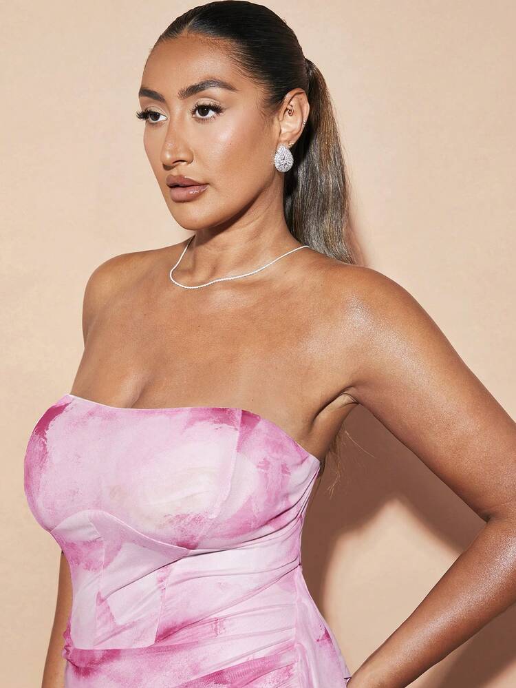 Plus Size Women's Tie Dye Drop Side Ruffle Mesh Strapless Bodycon Dress