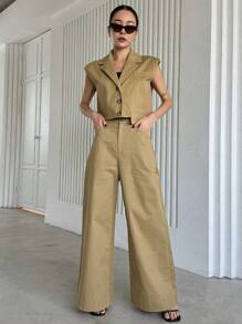 DAZY Solid Color Lapel Collar Cap Sleeve Top And Wide-Leg Pants Suit For Women Work Women Clothes, Back To School Clothes Business Attire