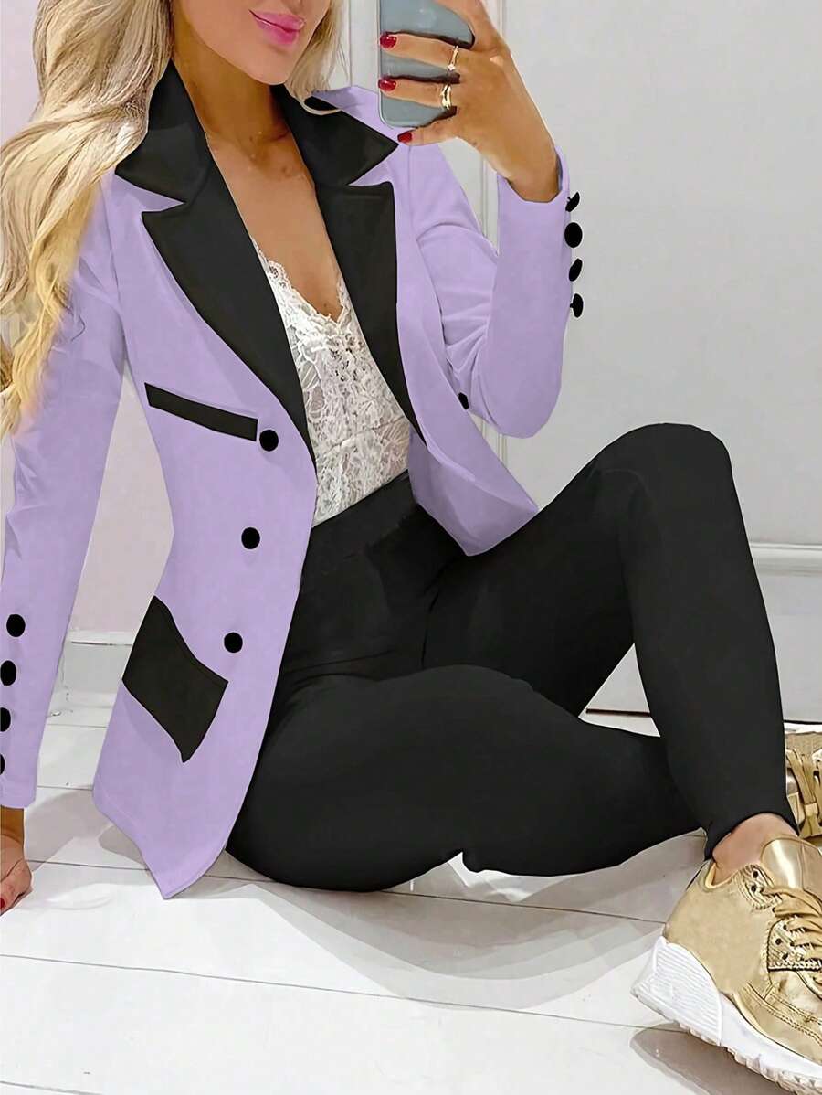 EMERY ROSE Áo khoác vest nữ đơn giản màu khối hàng ngày - Màu tím - Xem 1