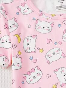 SHEIN Tween女孩卡通圖形短袖t恤和長褲緊身睡衣套裝 - 彩色 - 查看 4