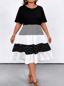 SHEIN LUNE Plus Size Women's Casual Summer Casual Dress With Striped, Polka Dot, And Printed Patchwork Design Half Sleeves Round Neckline Maxi Women Outfit - Black and White - View 3