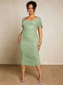 SHEIN BAE 女士加大码优雅纯色方领褶饰紧身连衣裙，夏季，婚礼宾客礼服，女士生日礼服 - 薄荷綠 - 查看 6